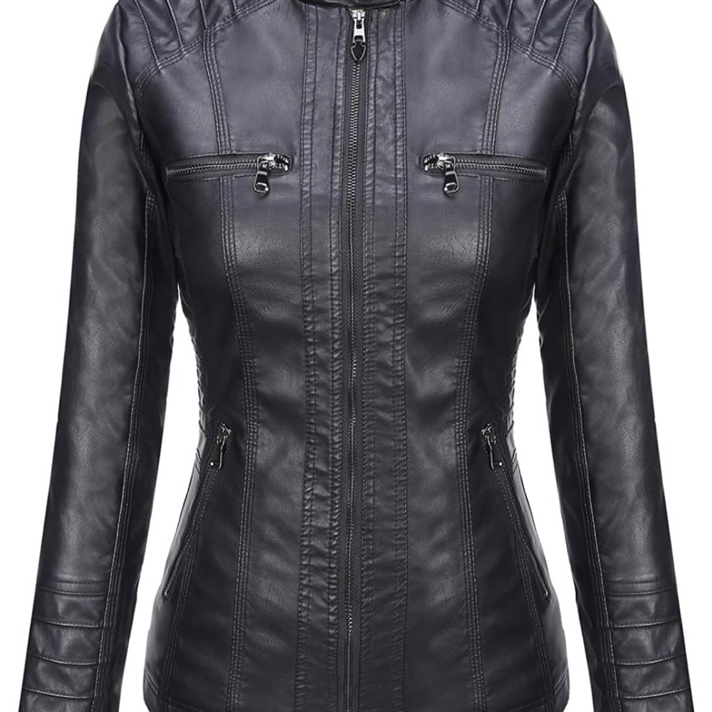 New w/o Tags Tanming Woman’s Removable Hooded Faux Leather Jacket - Picture 3 of 7